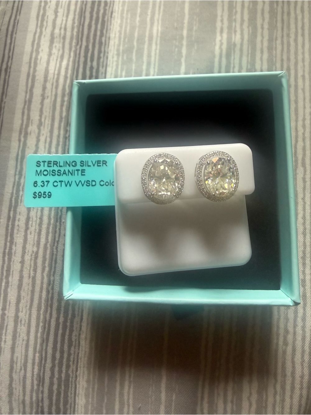 Sterling Silver Oval Moissanite Halo Earrings - White
